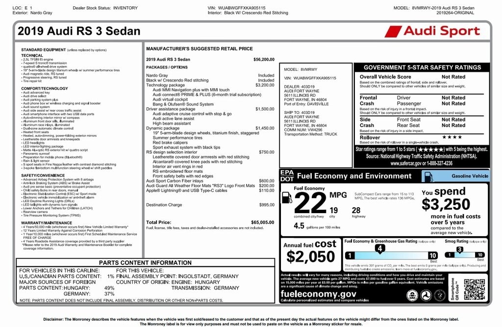 Used 2019 Audi RS 3 2.5T